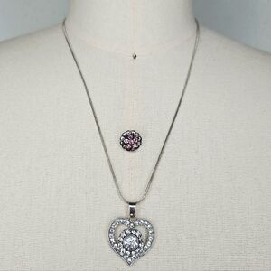Silver Rhinestone Heart Snap Button Necklace with Rhinestone Snaps - Pink/ Clear